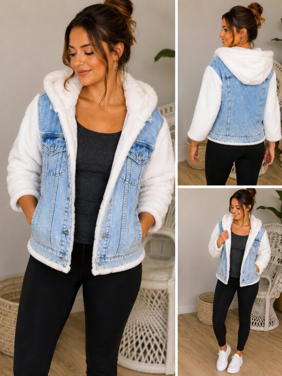 12PM BY MON AMI Jackets & Blazers - Jean Jacket Faux Fur Hood and Sleeves NEW!